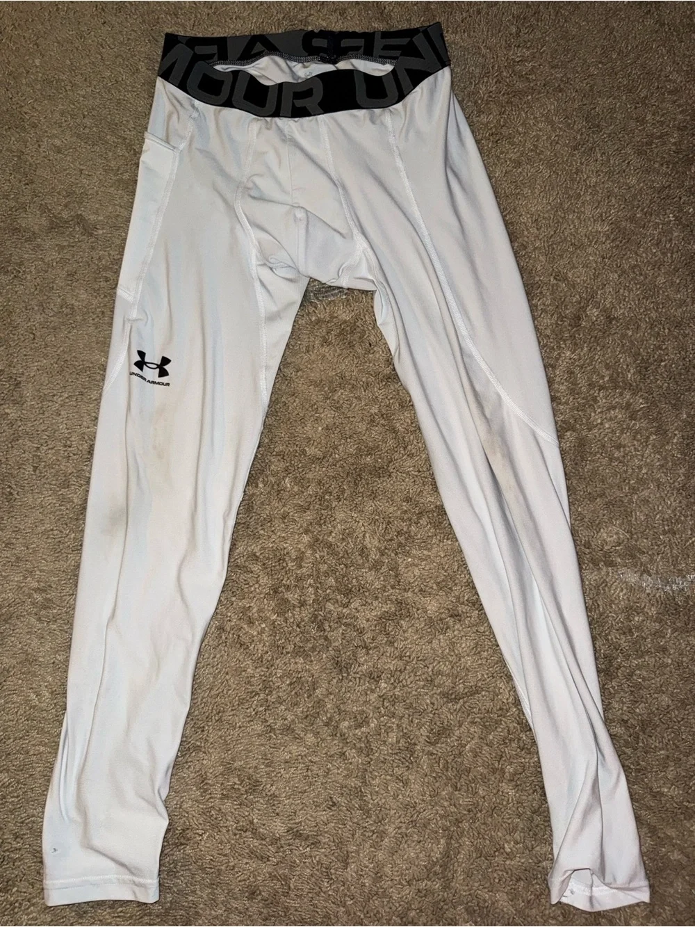 Used full lengthUnder Armour Men's White Compression Tights with Black Waistband